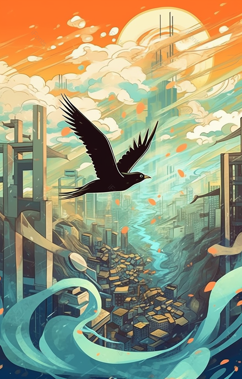 太阳下燕子飞鸟飞过高楼大厦山川海浪溪流水纹抽象手绘插画背景,插画/手绘图,插画/手绘图库,插画/手绘图下载,插画/手绘